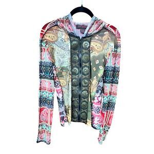 Pings Imports Pleats Collection Multicolor Sheer Y2K Zip Up Hooded Shirt Size S